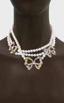 White Faux Pearl Butterfly Embellishment Asymmetrical Necklace  Acrylic Crystal - $18.05
