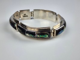 Vintage Mexico 950 Silver Abalone Curved Link Bracelet Heavy &amp; beautiful - £126.58 GBP