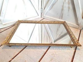Vintage Vanity Footed Rectangular Mirror Tray  Gold Filigree Frame 11.5&quot; X 17.5&quot; - £22.15 GBP