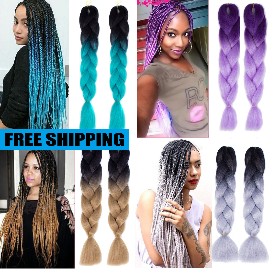 60 Colors Ombre Jumbo Braids Kanekalon Hair Extension 5 packs 24" Long Ponytail - $36.80