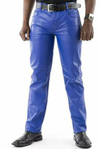 Men&#39;s Real Leather Pant Blue Genuine Lambskin Handmade Pant Trouser Biker Casual - £84.00 GBP+