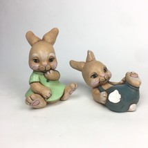Set of 2 Boy Girl Brown Bunny Rabbit Handpainted Ceramic Vintage 1987 BROKEN - £9.63 GBP