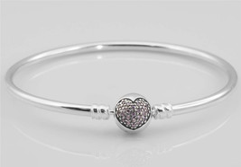 925 Sterling Silver You&#39;re in My Heart Bangle Bracelet with Pink Zirconia - £19.65 GBP+