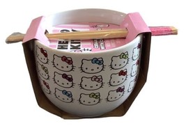 Hello Kitty Noodle Bowl Ceramic With Chopsticks Multicolor Kitty Faces New - £16.25 GBP