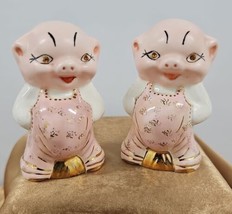 Vintage  Pig Rhinestone Eyes Salt and Pepper Shakers Anthropomorphic Pink Gold - $32.63