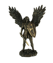Bronze Finish Archangel St. Michael In Armor Holding Shield and Sword Statue - £64.65 GBP