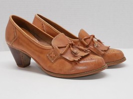 Vtg 70&#39;s Leather Heels Size 7 Tan Caramel Brown Made in Brazil Fringe Tassels - £15.97 GBP