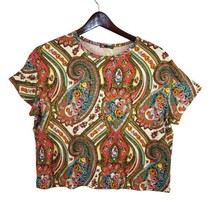 Zara Womens L Crop Top Short Sleeve PullOver Hippie Boho Psychedelic Flo... - £11.31 GBP