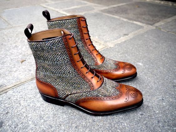 Handmade Brown Tweed Genuine Leather Brogue Toe Wing Tip Laceup Ankle Boots