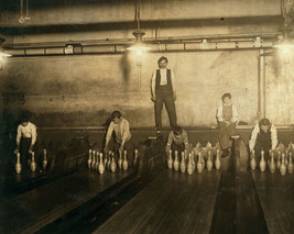 Pinsetter pinboys at Brooklyn bowling alley in April 1910 Photo Print - $8.81+