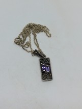 Vintage Sterling Silver 925 Rectangle Amethyst Pendant Chain Necklace 18&quot; - £11.79 GBP