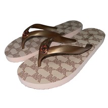 Michael Kors Flip Flops 7 Pink Rose Gold MK Logo Graphic Print PVC Thong Sandals - £47.21 GBP