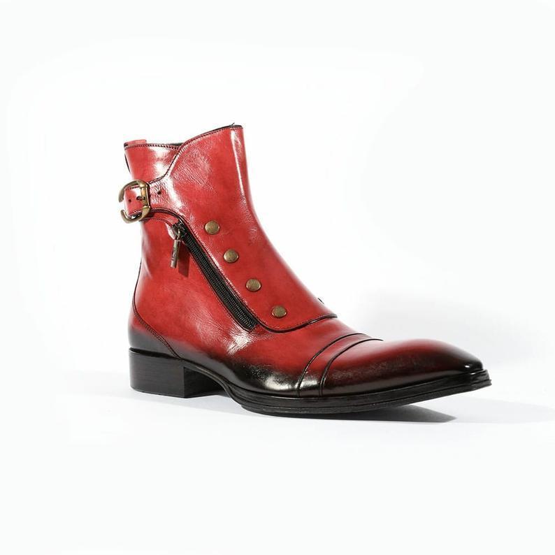 Jodhpur Leather Ankle Boots Men's Red Premium Quality Single Buckle Side Zipper
