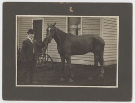 Antique c1900s Mounted Photo Dapper Man in Hat With Beautiful Horse by House - £73.23 GBP