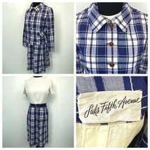 Vintage Saks Fifth Avenue Dress and Jacket size S M Blue Plaid Belted White DS3 - £21.86 GBP