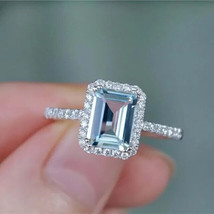 2.20Ct Emerald Cut Simulated Aquamarine Engagement Ring 14K White Gold Plated - £32.97 GBP