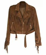 Stylish Handmade Fringe Biker Brown Soft Women Lambskin Suede Leather Ja... - $2,588.52 MXN+