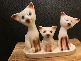 Vintage Ceramic Siamese Cat Salt &amp; Pepper Shakers &amp; Toothpick Holder Set On Tray - £10.23 GBP