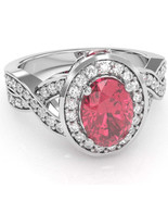 Three Stone Pink Tourmaline Diamond Halo Engagement Ring In 14k White Gold - £975.54 GBP