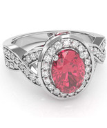 Three Stone Pink Tourmaline Diamond Halo Engagement Ring In 14k White Gold - €1.071,55 EUR