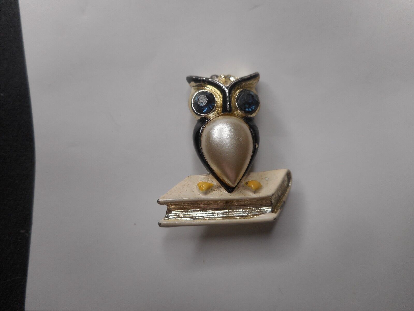Primary image for Owl On Book Brooch Black White Blue Faceted Rhinestone Eyes Faux Teardrop Pearl