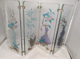 VTG Glass Carved Hand Painted Signed 4 Panel Divider Metal Table  Mini D... - $247.50