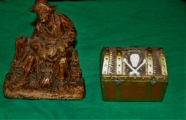 Vtg Pirate Lot Syroco Wood Bookend + Ej Kahn Pot Metal Bank Gold Treasure Chest - £23.54 GBP