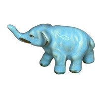Vintage Ceramic Blue Glazed Elephant Figurine Trunk Up Gold Details - $278.12 MXN