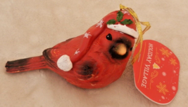 New Christmas Red Cardinal Bird Ornament Carved Look Resin Wearing Santa Hat - £10.24 GBP