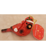 NEW Christmas RED CARDINAL BIRD Ornament Carved Look RESIN Wearing SANTA... - £10.08 GBP
