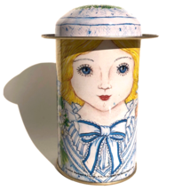 Shackman Trinket Tin Canister Girl with Hat Shaped Lid Bird Daisies Vint... - $12.59