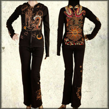 Bejeweled Dragons Sun Swarovski Crystal Embroidery Women Sweat Pants Bla... - $79.82