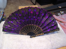 Fan ( Small Hand Type Fan ) With Flowers Flower Sequins Black Purple RM2I - £6.20 GBP