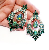Dangle Bridesmaids Earrings, Rhinestone Drop Earrings, Green Crystal Chandelier  - £29.09 GBP