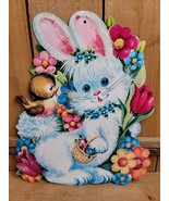 Vintage Easter Cardboard Die Cut Fluffy Blue Bunny Bird Flowers Printed ... - $15.29
