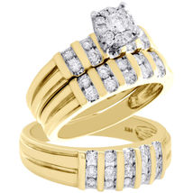 14K Yellow Gold Over 1.12 CT. Flower Diamond Trio Engagement Wedding Ring Set - £103.65 GBP