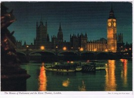 Postcard Night View Of The Houses Of Parliament &amp; River Thames London UK - £2.34 GBP