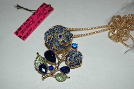 New Betsey Johnson Necklace Blue Floral Flower PIN Brooch Reinstone - £12.63 GBP
