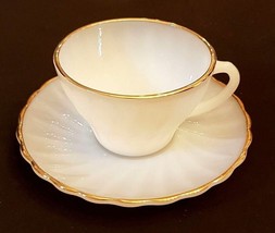 Suburbia Anchor Hocking Tea Cup &amp; Saucer White Milk Glass Swirl Gold Rim - £7.84 GBP