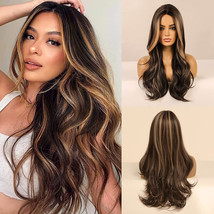 27&quot; Long Ombre Black Brown Blonde Highlights Wavy Synthetic Hair Wigs for Women - £24.10 GBP