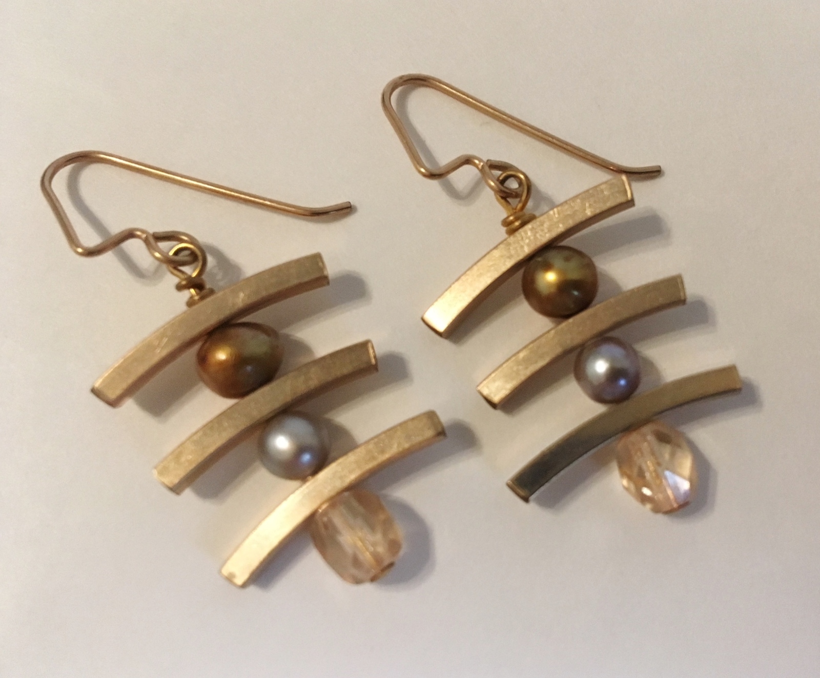Primary image for Topaz Pearl Earrings Gold Filled Asian Bars Beaded Hook Pierced Dangle Handmade