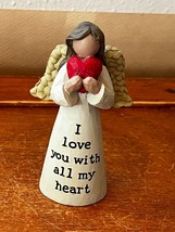 B. Lloyd 2015 Signed Small Gray &amp; Tan Resin ANGEL Holding Red Heart I LO... - $11.29