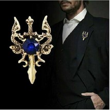 Stunning Vintage Look Gold Plated Dragon Sword Blue Design Brooch Broach Pin B38 - £16.19 GBP