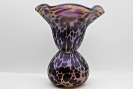 Iridescent Ruffle Art Glass Vase Purple Hand Blown Artist Signed 6.25 inch tall - £55.78 GBP