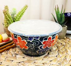 Ebros Set of 2 Ceramic Blue Cherry Blossoms Portion Meal Bowls 3 Cups W/ Lid - £23.58 GBP