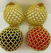Vintage Lot of 4 Gold Beaded Christmas 3 inch Ball Ornaments - £23.73 GBP