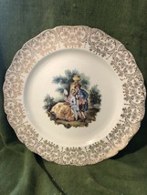 Handpainted Ceramic Plate With Colonial Setting Gold Rim - £35.44 GBP