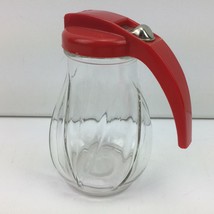 Vintage Syrup Pitcher Clear Glass Red Plastic Dispensing Lid Liquid Coll... - $34.99