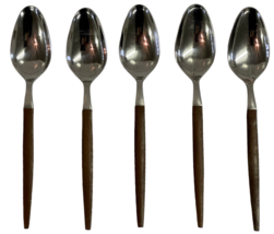 Vintage EKCO Eterna Set of 5 Stainless Steel Solid Spoon w/ Wooden Handle Japan - £24.71 GBP