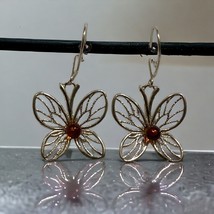 Sterling Silver 925 Butterfly Drop Dangle Earrings with Cognac Amber Stones - £14.78 GBP
